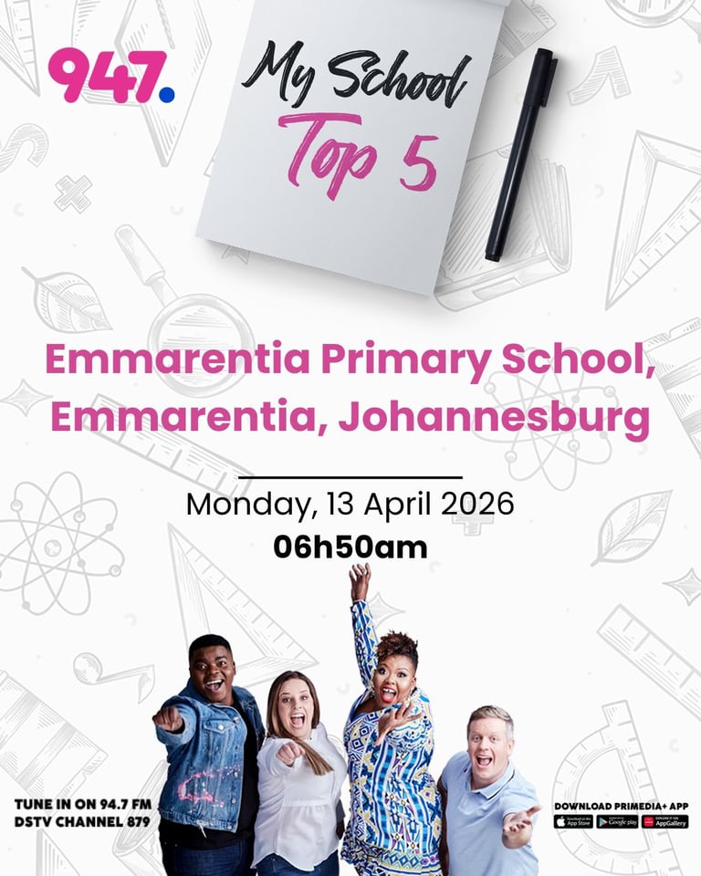 947 My School Top 5 promotional poster for Emmarentia Primary School event on Monday 13 April 2026